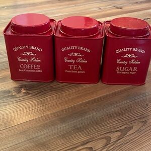 Vintage Red Tins Canisters Coffee Tea Sugar NWOT